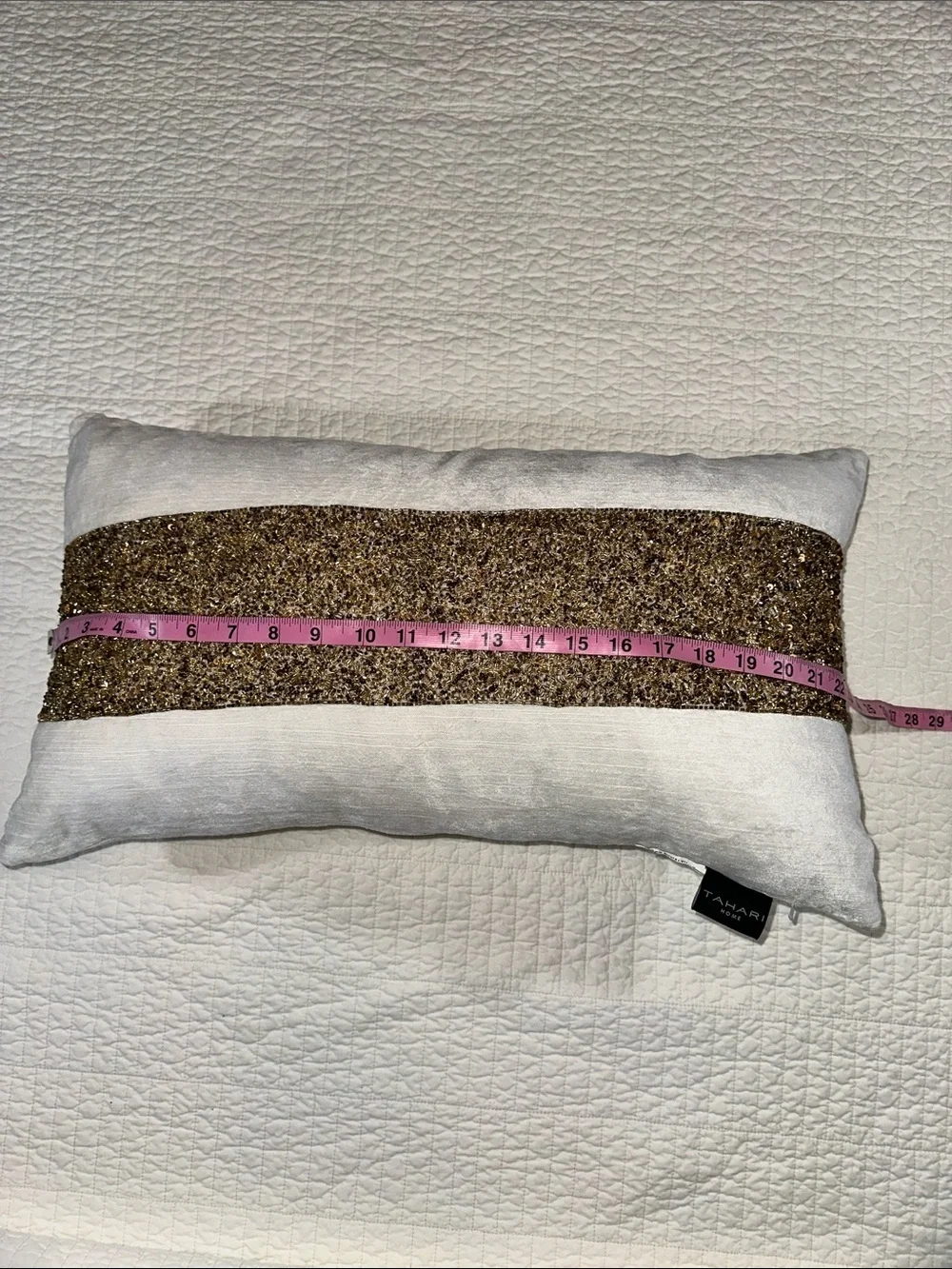TAHARI White Velvet Down Filled Beaded Pillow Gold Lumbar like new